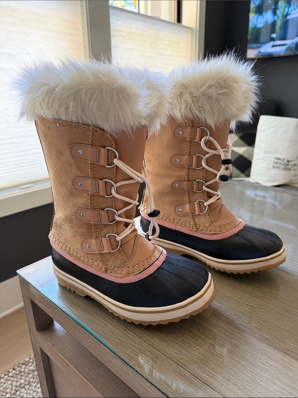 Sorel Kids Tan, Pink, Black & Faux Fur Winter Boots